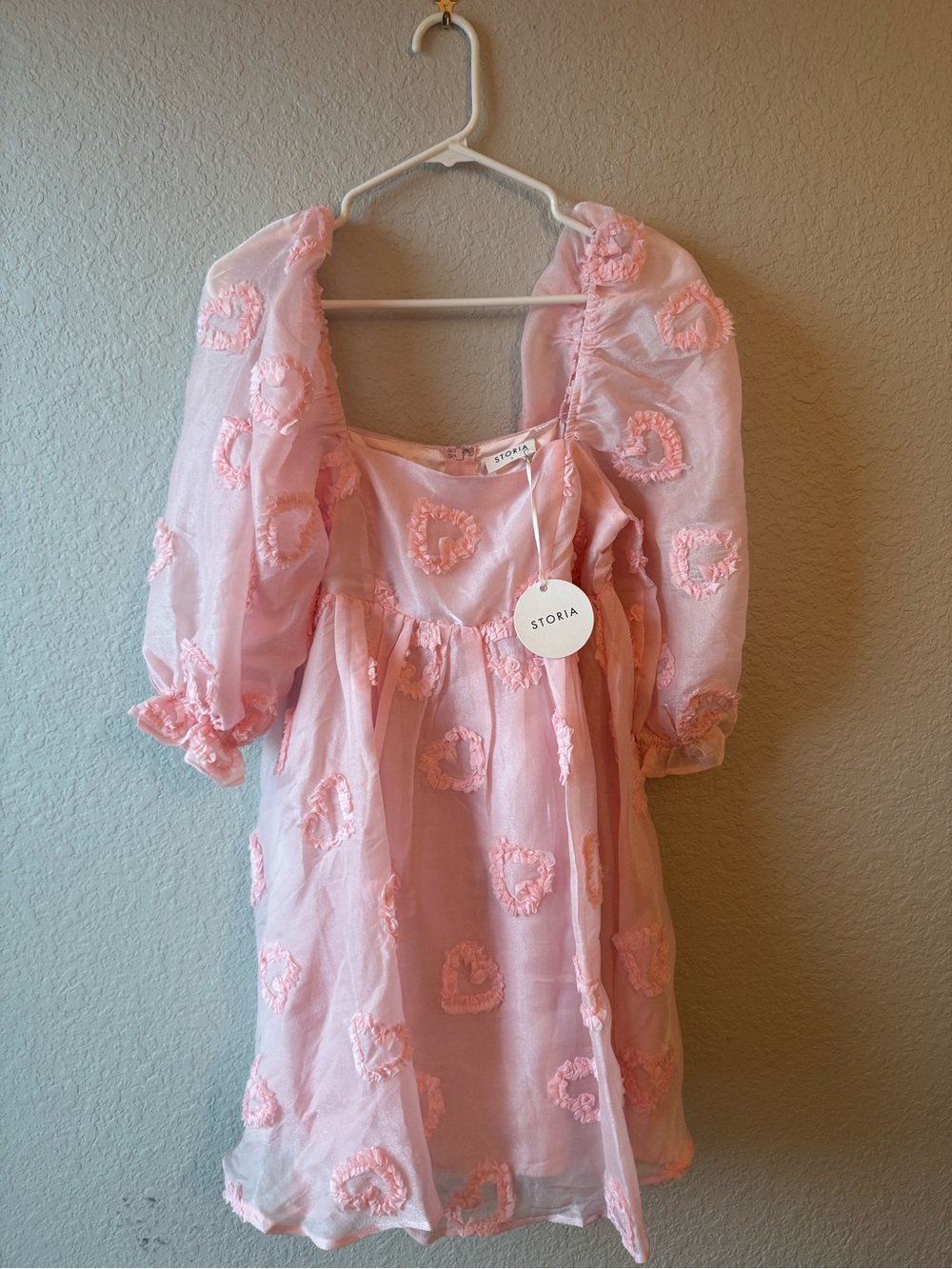 Storia Pink Puff-Sleeve Mini Dress with Heart Appliqués